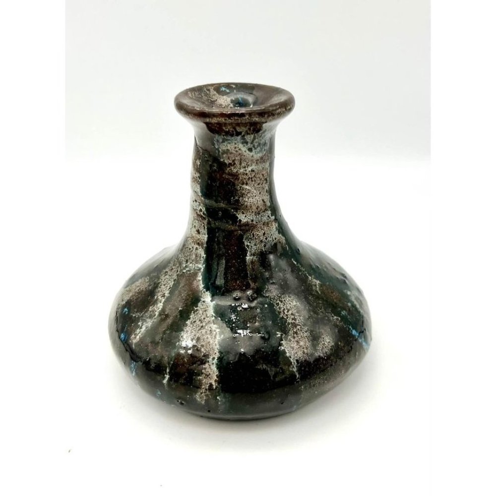 Studio Art Pottery Bud Vase or Oil Lamp Blue Black Grey Ceramic Drip Glaze